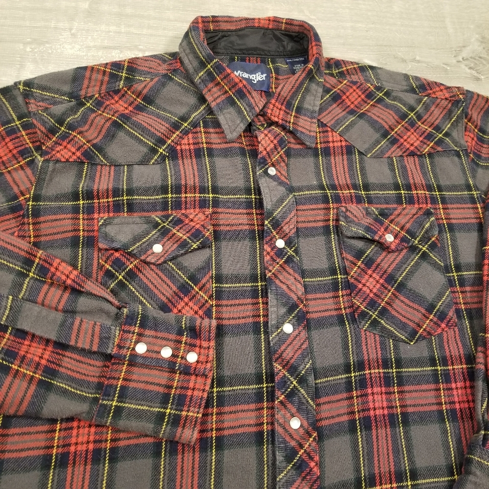 Wrangler Western Plaid Pearl Snap Flannel Shirt Mens Size XXL Red Gray Yellow